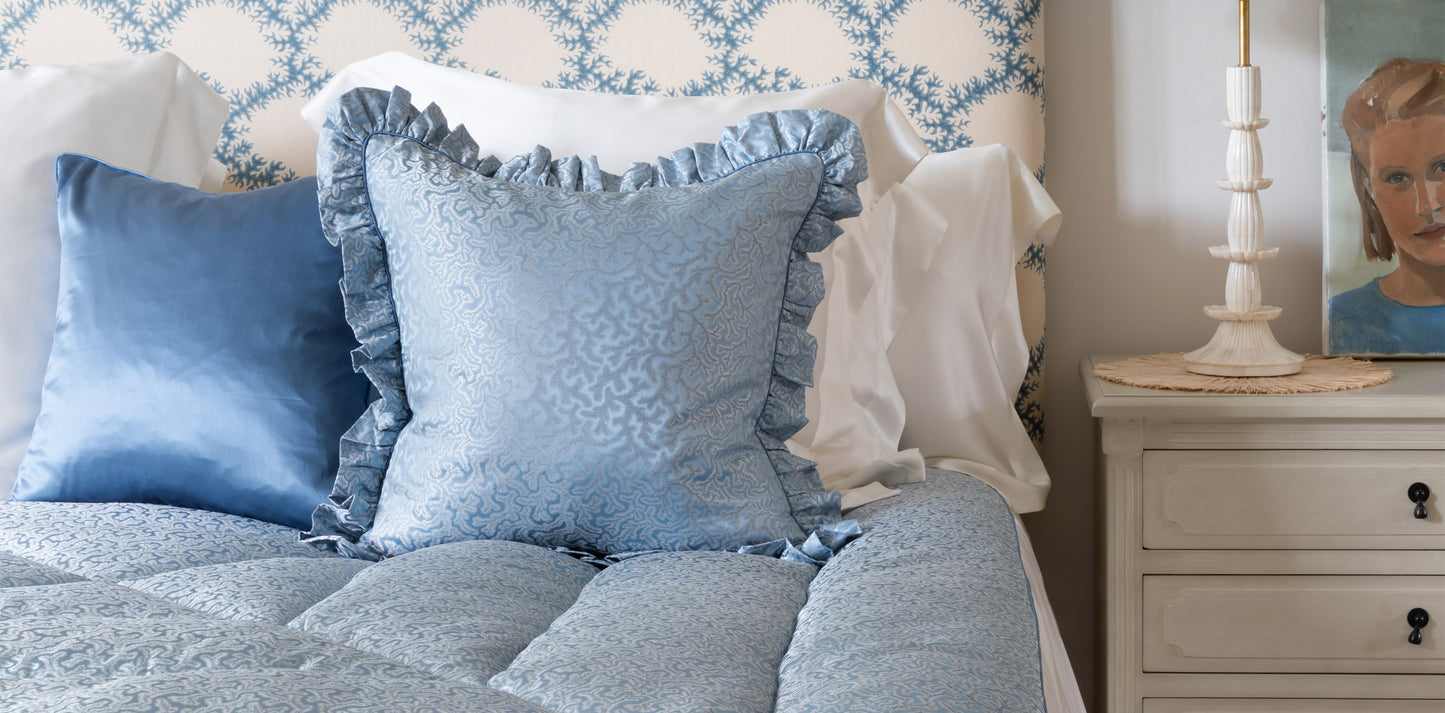 Coral Fern Silk Square Cushion Piped Finish - Blue