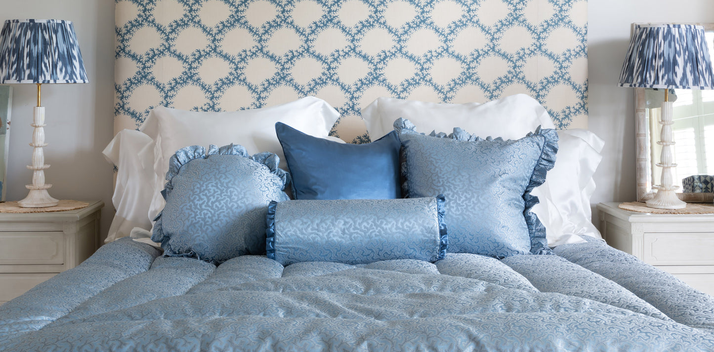 Coral Fern Silk Square Cushion Piped Finish - Blue