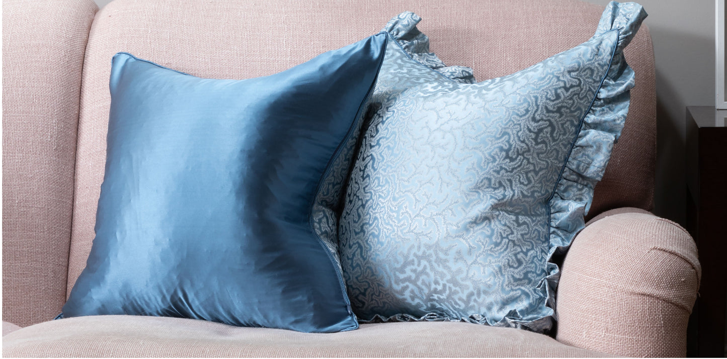 Coral Fern Silk Square Cushion Piped Finish - Blue
