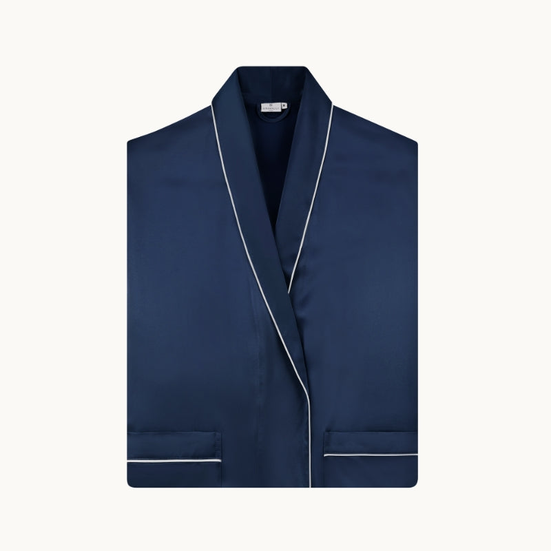 Gingerlily Contrast Piping Silk Robe - Navy