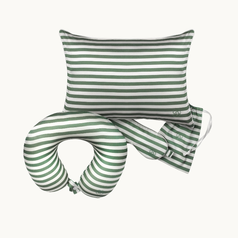 New Silk Travel Neck Pillow - Green & Ivory Stripe